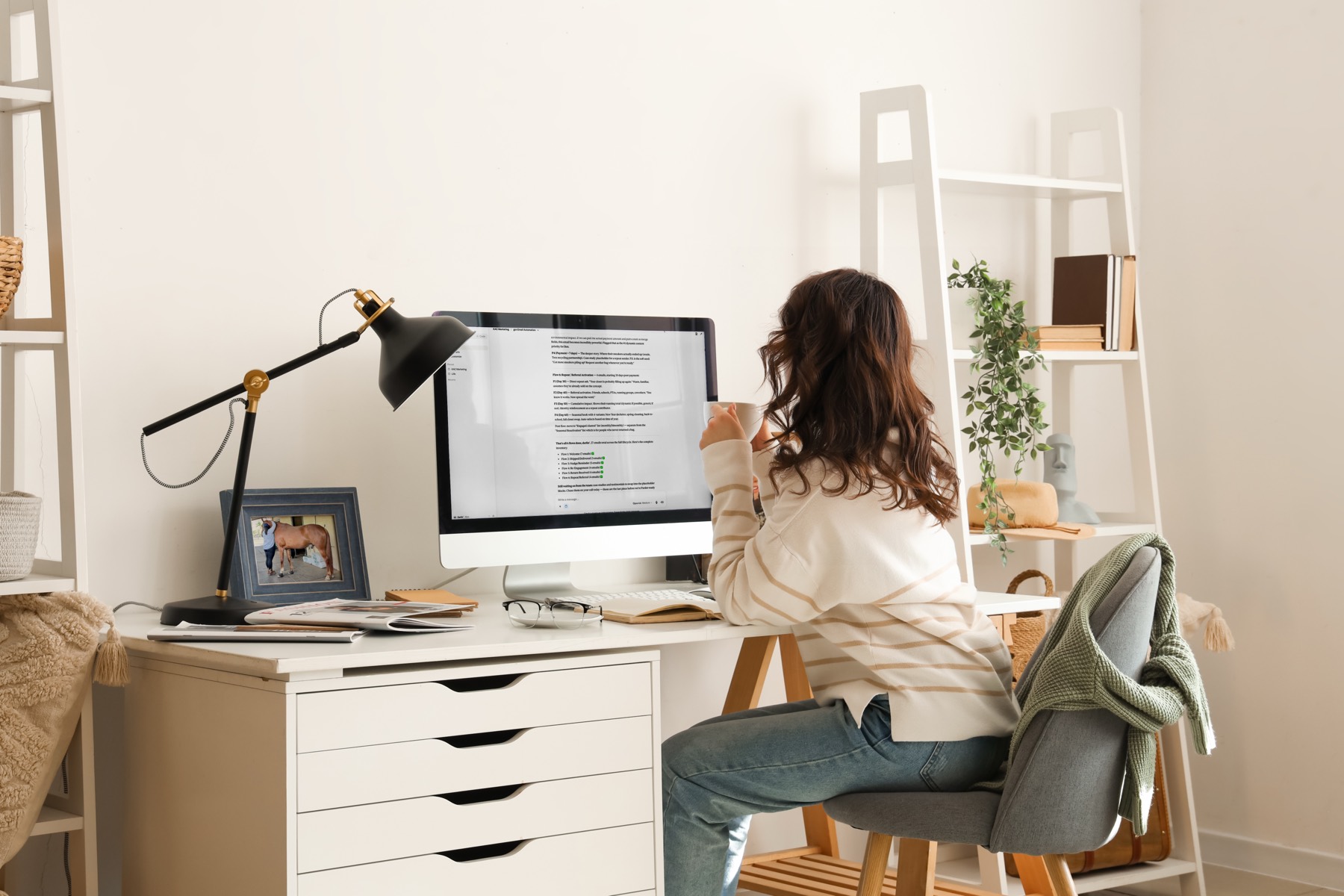 Woman working at a modern desk with warm natural light